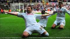 Swansea player Stephen Dobbie celebrates scoring in the team's play off semi final victory over Nottingham Forest