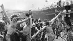 Scotland fans on the Wembley crossbar in 1977