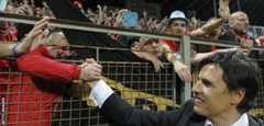 Chris Coleman celebrates with Wales fans