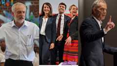 Jeremy Corbyn (left), Liz Kendall, Andy Burnham and Yvette Cooper (centre) and Tony Blair (right)