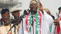Nigeria's President Goodluck Jonathan speaks during the flag-off for his campaign for a second-term in office, in Lagos on 8 January 2015