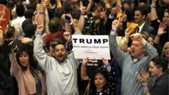 Supporters of Republican U.S. presidential candidate Donald Trump celebrate as television networks declare him the winner of the Nevada Republican caucuses at Trump's Nevada caucus rally in Las Vegas, Nevada, on 23 February 2016.