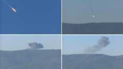 A combination picture taken from video shows a war plane crashing in flames in a mountainous area in northern Syria after it was shot down by Turkish fighter jets near the Turkish-Syrian border