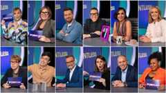 Top row left to right: Mel Giedroyc, Liza Tarbuck, Chris Ramsey, Gok Wan, Anita Rani and Gabby Logan. Bottom row left to right: Josh Widdicombe, Phil Wang, Hugh Dennis, Ellie Taylor, Rob Rinder and Desiree Burch.