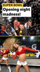 Media scrum and cheerleader performing