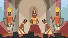 Cartoon of a ruler of Benin surrounded by guards. 