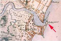 Historical map fragment showing a town next to a river with labeled areas used at Fullerton Heritage Singapore