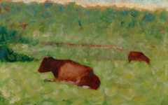 GEORGES SEURAT (1859-1891). Vaches dans un pré. oil on panel 6 ½ x 9 7⁄8 in