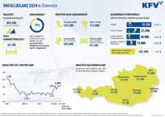 Eine Infografik zur Unfallbilanz 2024 in Österreich, mit Zahlen zu Verletzten, Unfalltoten und Sportunfällen. Eine Infografik zur Unfallbilanz 2024 in Österreich, mit Zahlen zu Verletzten, Unfalltoten und Sportunfällen.