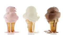 3 melting ice creams , 1 strawberry, 1 chocolate, 1 vanilla