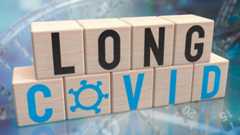 The long covid on wood cube for sci or medical concept 3d rendering