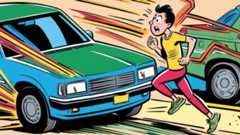 Ein erschrockener Mann rennt vor zwei rasenden Autos davon. Ein erschrockener Mann rennt vor zwei rasenden Autos davon.