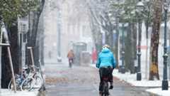 Eine Radfahrerin fährt im Winter auf einem geräumten Radweg in Wien.