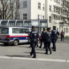 Mehrere Wiener Polizisten stehen vor einem Einsatzfahrzeug.