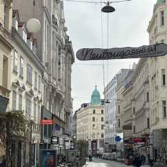 Blick auf die Neubaugasse in Wien mit Geschäften und Passanten.