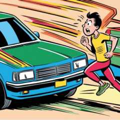 Ein erschrockener Mann rennt vor zwei rasenden Autos davon. Ein erschrockener Mann rennt vor zwei rasenden Autos davon.