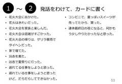 53• 花⽕火⼤大会に出かけた。• 花⽕火はきれいだった。• 花⽕火⼤大会を家族と楽しんだ。• 花⽕火⼤大会は混雑がすごかった。• 花⽕火⼤大会の帰りは、ゲリラ豪⾬雨でタイヘンだった。• 家で寝てた。• 浴⾐衣を着た。• 浴⾐衣で夏祭りに⾏行行った。• 遅れてる仕事をしようと思った。• 遅れている仕事をしようと思ったけど、だらだらしてできなかった。• コンビニで、夏っぽいスイーツが売ってたから、買った。• 連休最終⽇日の夜になると、何かもう少しやりたかったなと思った。発話をわけて、カードに書く1 〜～ 2 