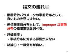 論論⽂文の流流れ①•  階層分散パラメータの事前分布として、良良いものを⾒見見つけたい。•  無情報事前分布として、improper  な事前分布の極限表現を調べる。•  評価基準：•  事後分布に対する影響が少ない•  結論論①：⼀一様分布が良良い。24 
