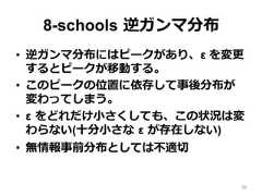 8-schools  逆ガンマ分布•  逆ガンマ分布にはピークがあり、ε を変更更するとピークが移動する。•  このピークの位置に依存して事後分布が変わってしまう。•  ε  をどれだけ⼩小さくしても、この状況は変わらない(⼗十分⼩小さな  ε  が存在しない)•  無情報事前分布としては不不適切切38 