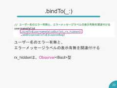 .bindTo(_:)22ユーザー名のエラー有無と、エラーメッセージラベルの表示有無を関連付けるrx_hiddenは、Observer<Bool>型 