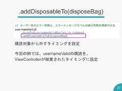 .addDisposableTo(disposeBag)23購読対象から外すタイミングを設定今回の例では、usernameValidの購読を、ViewControllerが破棄されたタイミングに設定 