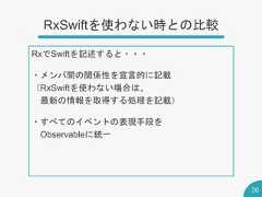 RxSwiftを使わない時との比較30RxでSwiftを記述すると・・・・メンバ間の関係性を宣言的に記載（RxSwiftを使わない場合は、最新の情報を取得する処理を記載）・すべてのイベントの表現手段をObservableに統一 
