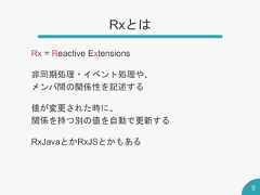 Rxとは5Rx = Reactive Extensions非同期処理・イベント処理や、メンバ間の関係性を記述する値が変更された時に、関係を持つ別の値を自動で更新するRxJavaとかRxJSとかもある 