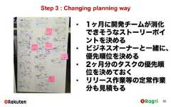 Step 3 : Changing planning way56• 1ヶ月に開発チームが消化できそうなストーリーポイントを決める• ビジネスオーナーと一緒に、優先順位を決める• 2ヶ月分のタスクの優先順位を決めておく• リリース作業等の定常作業分も見積もる 
