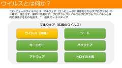 ウイルスとは何か？“コンピュータウイルスとは、マルウェア（コンピュータに被害をもたらすプログラム）の一種で、自立せず、動的に活動せず、プログラムファイルからプログラムファイルへと静的に感染するものを指す。” -出典 ウィキペディアマルウェア（広義のウイルス）ウイルス（狭義） ワームキーロガー バックドアアドウェア トロイの木馬 