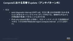 © 2022, Amazon Web Services, Inc. or its Affiliates.Computeにおける耳寄りupdate（アンチパターン外）• EC2• send-diagnostic-interrupt のAPI call。EC2に最上位のNMI割り込みをあたえて好きなタイミングでメモリダンプが吐ける。強制的な中止からの再起動が高速にできることも(2019-08)• IPv6 only subnetの導入と同時に、EC2 インスタンス ID で名前解決ができる（i-0123456789abcdef.region.compute.internal）ように(2021-11) 