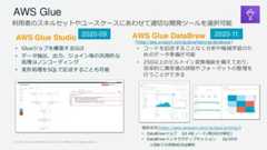 © 2022, Amazon Web Services, Inc. or its Affiliates. All rights reserved.利用者のスキルセットやユースケースにあわせて適切な開発ツールを選択可能AWS Glue Studio• Glueジョブを構築するGUI• データ抽出、出力、ジョイン等の汎用的な処理はノンコーディング• 変形処理をSQLで記述することも可能AWS Glue DataBrew（https://aws.amazon.com/jp/glue/features/databrew/）• コードを記述することなく分析や機械学習のためのデータ準備が可能• 250以上のビルトイン変換機能を備えており、効率的に異常値の排除やフォーマットの整理を行うことができるAWS Glue価格体系(https://aws.amazon.com/jp/glue/pricing/)• DataBrewジョブ $0.48/ノード/時(60分単位)• DataBrewインタラクティブセッション 1$/30分※初めての利用40分は無料2020-112020-09 