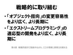 戦略的に取り組む• 「オブジェクト指向」の変更容易性をより広く、より長期に• 「エクストリームプログラミング」の適応型の開発をより広く、より長期に第４部 戦略的設計に取組みながら、ここの理解と実践力を鍛える 