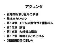 アジェンダ• 戦略的な取り組みの事例• 基本がたいせつ• 第１４章 モデルの整合性を維持する• 第１５章 蒸留• 第１６章 大規模な構造• 第１７章 戦略をまとめ上げる• ３週連続DDDのまとめ 