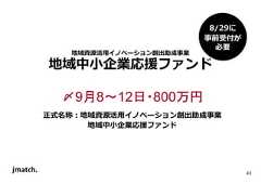 43 地域資源活⽤イノベーション創出助成事業 地域中小企業応援ファンド 〆9月8～12日・800万円 正式名称：地域資源活⽤イノベーション創出助成事業 地域中小企業応援ファンド 8/29に 事前受付が 必要  