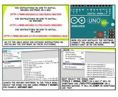 Next select the serial port.(Tools > serial port) On a mac it will besomething like /dev/tty.usbmodem. On awindows machine, it will be com3 or somethinglike that.Launch the arduino software. in the tools menu,select the board you are using (tools > board).for example, Arduino Uno.When you have installed the software,Connect the arduino. An led marked ONshould light up on the board.for instructions on how to installarduino software on a mac:http://www.arduino.cc/en/Guide/MacOSXFor Instructions on how to installon Windows:http://www.arduino.cc/en/Guide/WindowsFor Instructions on how to installon Linux:http://www.arduino.cc/playground/Learning/Linuxgo to the URLS above for detailed instructions oninstalling the software on these platforms. 