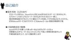 自己紹介鈴木可奈（スズキカナ）サラリーマンと母ちゃん（Azureちゃんと同じ2010年生まれ女子）の二足のわらじ中。スプラトゥーンではデュアルスイーパーカスタムかバケットスロッシャー使い。復活時間短縮のギアをメインで3つ重ねて『アンタを殺してウチも死ぬ』なプレイスタイル。好きなAzureのサービスはクラウドサービス(Workerロール)←真面目眼鏡男子風IT系研修会社で勤務Azureのテキストを書く→入稿→ポータルとかがアップデートする→印刷屋さんのオペレーターさんにジャンピング土下座して原稿を取り返すという作業を繰り返すことで、日々の糧を得ています3 