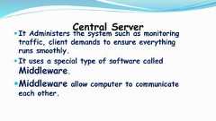 Central Server It Administers the system such as monitoringtraffic, client demands to ensure everythingruns smoothly. It uses a special type of software calledMiddleware.Middleware allow computer to communicateeach other. 