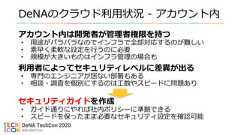 DeNAのクラウド利用状況 - アカウント内アカウント内は開発者が管理者権限を持つ• 用途がバラバラなのでインフラで全部対応するのが難しい• 素早く柔軟な設定を行うのに必要• 規模が大きいものはインフラ管理の場合も利用者によってセキュリティレベルに差異が出る• 専門のエンジニアが居ない部署もある• 相談・調査を個別にするのは工数やスピードに問題ありセキュリティガイドを作成• ガイド通りにやれば社内ポリシーに準拠できる• スピードを保ったまま必要なセキュリティ設定を確認可能 