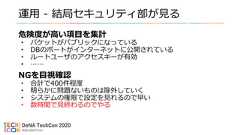 運用 - 結局セキュリティ部が見る危険度が高い項目を集計• バケットがパブリックになっている• DBのポートがインターネットに公開されている• ルートユーザのアクセスキーが有効• ……NGを目視確認• 合計で400件程度• 明らかに問題ないものは除外していく• システムの権限で設定を見れるので早い• 数時間で見終わるのでやる 