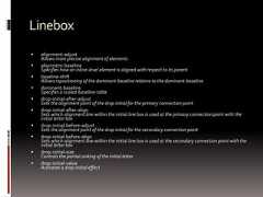 Linebox alignment-adjustAllows more precise alignment of elements alignment-baselineSpecifies how an inline-level element is aligned with respect to its parent baseline-shiftAllows repositioning of the dominant-baseline relative to the dominant-baseline dominant-baselineSpecifies a scaled-baseline-table drop-initial-after-adjustSets the alignment point of the drop initial for the primary connection point drop-initial-after-alignSets which alignment line within the initial line box is used at the primary connection point with theinitial letter box drop-initial-before-adjustSets the alignment point of the drop initial for the secondary connection point drop-initial-before-alignSets which alignment line within the initial line box is used at the secondary connection point with theinitial letter box drop-initial-sizeControls the partial sinking of the initial letter drop-initial-valueActivates a drop-initial effect 