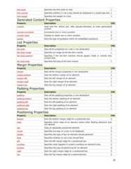 font-style Specifies the font style for text 1font-variant Specifies whether or not a text should be displayed in a small-caps font 1font-weight Specifies the weight of a font 1Generated Content PropertiesProperty Description CSScontent Used with the :before and :after pseudo-elements, to insert generatedcontent2counter-increment Increments one or more counters 2counter-reset Creates or resets one or more counters 2quotes Sets the type of quotation marks for embedded quotations 2List PropertiesProperty Description CSSlist-style Sets all the properties for a list in one declaration 1list-style-image Specifies an image as the list-item marker 1list-style-position Specifies if the list-item markers should appear inside or outside thecontent flow1list-style-type Specifies the type of list-item marker 1Margin PropertiesProperty Description CSSmargin Sets all the margin properties in one declaration 1margin-bottom Sets the bottom margin of an element 1margin-left Sets the left margin of an element 1margin-right Sets the right margin of an element 1margin-top Sets the top margin of an element 1Padding PropertiesProperty Description CSSpadding Sets all the padding properties in one declaration 1padding-bottom Sets the bottom padding of an element 1padding-left Sets the left padding of an element 1padding-right Sets the right padding of an element 1padding-top Sets the top padding of an element 1Positioning PropertiesProperty Description CSSbottom Sets the bottom margin edge for a positioned box 2clear Specifies which sides of an element where other floating elements arenot allowed1clip Clips an absolutely positioned element 2cursor Specifies the type of cursor to be displayed 2display Specifies the type of box an element should generate 1float Specifies whether or not a box should float 1left Sets the left margin edge for a positioned box 2overflow Specifies what happens if content overflows an element's box 2position Specifies the type of positioning for an element 2right Sets the right margin edge for a positioned box 2top Sets the top margin edge for a positioned box 228 