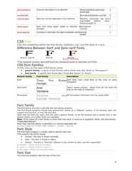 text-transform Controls the letters in an element None/capitalize/uppercaselowercase1unicode-bidi Normal/embed/bidi-override 2vertical-align Sets the vertical alignment of an element Baseline sub/super top text-top/middle bottom /text-bottom/length %1white-space Sets how white space inside an element ishandledNormal/prenowrap1word-spacing Increase or decrease the space between wordsnormallength1CSS FontCSS font properties define the font family, boldness, size, and the style of a text.Difference Between Serif and Sans-serif FontsOn computer screens, sans-serif fonts are considered easier to read than serif fonts.CSS Font FamiliesIn CSS, there are two types of font family names:• generic family - a group of font families with a similar look (like "Serif" or "Monospace")• font family - a specific font family (like "Times New Roman" or "Arial")Generic family Font family DescriptionSerif Times New RomanGeorgiaSerif fonts have small lines at the ends on somecharactersSans-serif ArialVerdana"Sans" means without - these fonts do not have thelines at the ends of charactersMonospace Courier NewLucida ConsoleAll monospace characters has the same widthFont FamilyThe font family of a text is set with the font-family property.The font-family property should hold several font names as a "fallback" system. If the browser does notsupport the first font, it tries the next font.Start with the font you want, and end with a generic family, to let the browser pick a similar font in thegeneric family, if no other fonts are available.Note: If the name of a font family is more than one word, it must be in quotation marks, like font-family:"Times New Roman".More than one font family is specified in a comma-separated list:p{font-family:"Times New Roman", Times, serif}Font StyleThe font-style property is mostly used to specify italic text.This property has three values:• normal - The text is shown normally• italic - The text is shown in italics• oblique - The text is "leaning" (oblique is very similar to italic, but less supported)p.normal {font-style:normal}p.italic {font-style:italic}p.oblique {font-style:oblique}Font SizeThe font-size property sets the size of the text.6 
