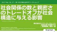 社会関係の数と親密さのトレードオフが社会構造に与える影響2017 Feb. 26, 27 – 第⼀回 計算社会科学ワークショップCyberAgent, Inc. All Rights Reserved株式会社サイバーエージェント技術本部 秋葉原ラボ◯⾼野雅典, 福⽥⼀郎1Masanori Takano and Ichiro Fukuda."Limitations of Time Resources in Human Relationships Determine Social Structures",Palgrave Communications, 2017 (in press). 