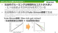 タイトル TITLE•  社会的グルーミングは時間的なコストが⼤きい・ヒトはおおよそ⽇中20%を充てているDunbar, R. I. M. (1998). Theory of mind and the evolution of language. In: Approaches to the Evolution of Language:250 Social and Cognitive Bases, Cambridge University Press: Cambridge, pp 92–110.•  社会関係のべき分布はYule-Simon過程で⽣成Pachur, T., Schooler, L. J. and Stevens, J. R. (2012). When Will We Meet Again? Regularities of Social Connectivity and222 Their Reﬂections in Memory and Decision Making. In: Simple Heuristics in a Social World, Oxford University Press:223 Oxford, pp 199–224. Yule-Simon過程（the rich get richer） ・社会関係強化の確率 ∝ 社会関係の強さ5なぜこのような偏りを⽰すのか？ 