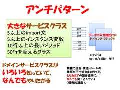 アンチパターン 大きなサービスクラス        get 5以上のimport文       get                   get    データの入れ物だけの 5以上のインスタンス変数       set                           ドメインオブジェクト 10行以上の長いメソッド       set                    set 50行を超えるクラス               メソッドは                          getter/setter だけドメインサービスクラスが    業務の流れ・構造・ルールのいろいろ知っていて、      理解が不十分なまま作った、                とりあえずの置き場所に、なんでもやりたがる       なんでも突っ込んでいく                （偶発的凝集）。 