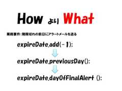 How       より    What業務要件：期限切れの前日にアラートメールを送る   expireDate.add(-1);   expireDate.previousDay();   expireDate.dayOfFinalAlert (); 