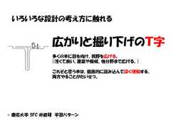いろいろな設計の考え方に触れる             広がりと掘り下げのＴ字             多くの本に目を向け、視野を広げる。             （浅くて良い。建築や機械、他分野まで広げる。）             これぞと思う本は、徹底的に読み込んで深く理解する。             両方やることがたいせつ。© 慶応大学 SFC 井庭研 学習パターン 