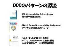 DDDのパターンの源流  RDD: Responsibility Driven Design  18の基本用語（第1章）  GRASP: General Responsibility Assignment  9つの責任割り当て汎用パターン  SOLID: ５つのクラス設計の原則  RCC：３つのパッケージの凝集度の原則  ASS：３つのパッケージの結合度の原則 