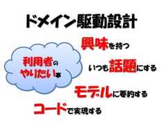 ドメイン駆動設計        興味を持つ利用者のやりたい事         いつも   話題にする        モデルに要約する コードで実現する 
