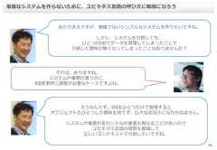 19複雑なシステムを作らないために、ユビキタス言語の呼び方に敏感になろうあたりまえですが、複雑でないシンプルなシステムを作りたいですね。しかし、システムを分割しても、ひとつのDBでデータを管理してしまったことで分割した意味が無くなってしまったことはありませんか？それは、ありますね。システムや業務が違うのに、DB変更時に調整が必要なケースですよね。そうなんです。DBをひとつだけで管理するとオブジェクトもひとつしか意味を持てず、巨大な泥団子になりかねません。システムや業務が変わったら作業者も異なることが多いのでユビキタス言語の境界を意識して正しいコンテキストで分割したいですね。 